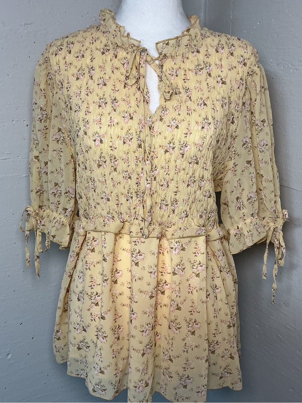 American Bling Pale Yellow Floral Smocked Peplum Blouse